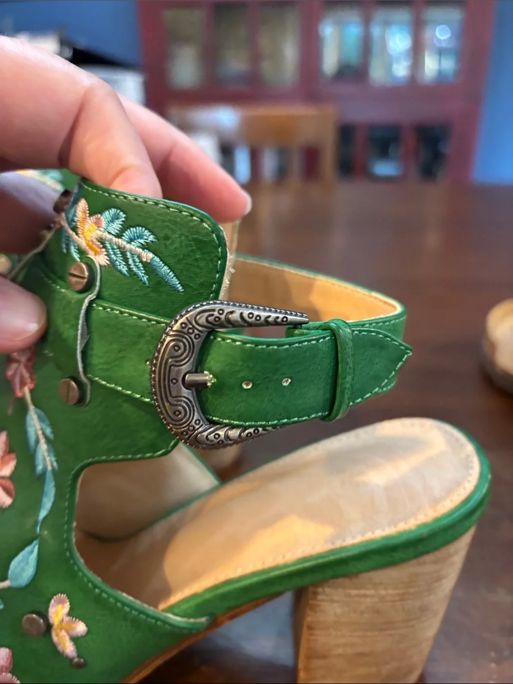 Embroidered Green Floral Ankle Boots - Women